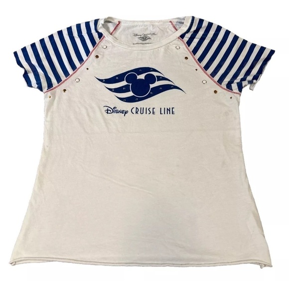 Disney Cruise Line Women’s Beaded Nautical Shirt Blue White Stripe Mickey Sz Med - Picture 1 of 6